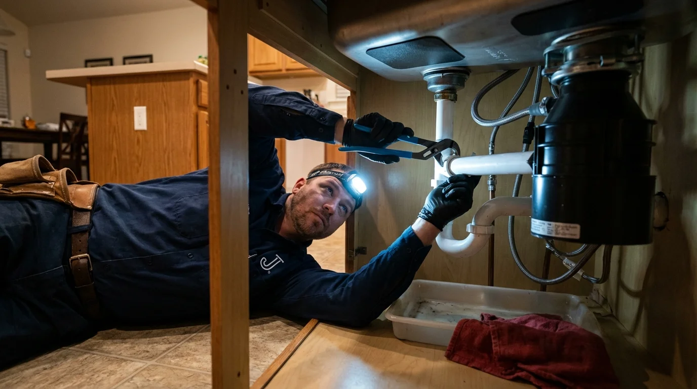 P-trap and supply line connections under a kitchen sink showing a common leak point in Wilson, WY